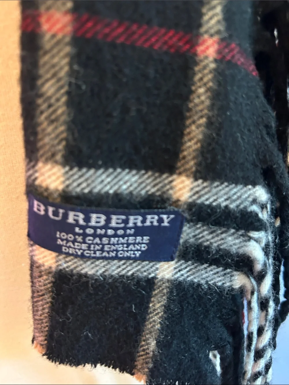 Burberry Black Plaid Fringe cashmere Scarf with Red & Cream Accents